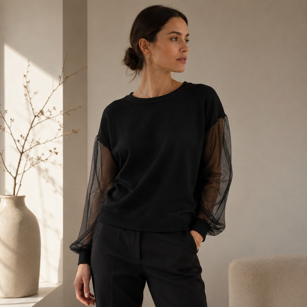 INC Black Sheer Balloon Sleeve Sweatshirt Sz M Minimalist Chic Soft Girl Alt